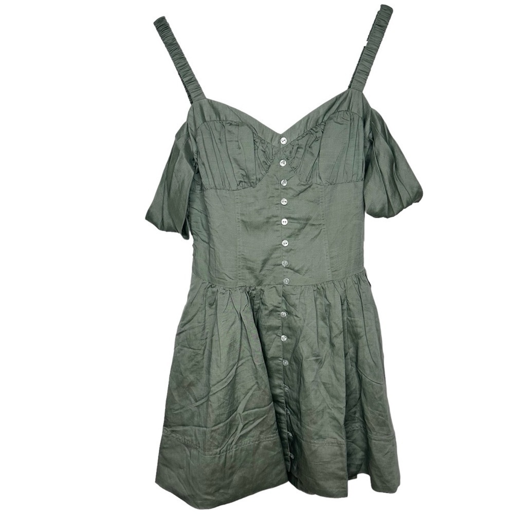 Anthropologie Off-The-Shoulder Linen Mini Dress In Green Size Small NWT - Picture 2 of 11
